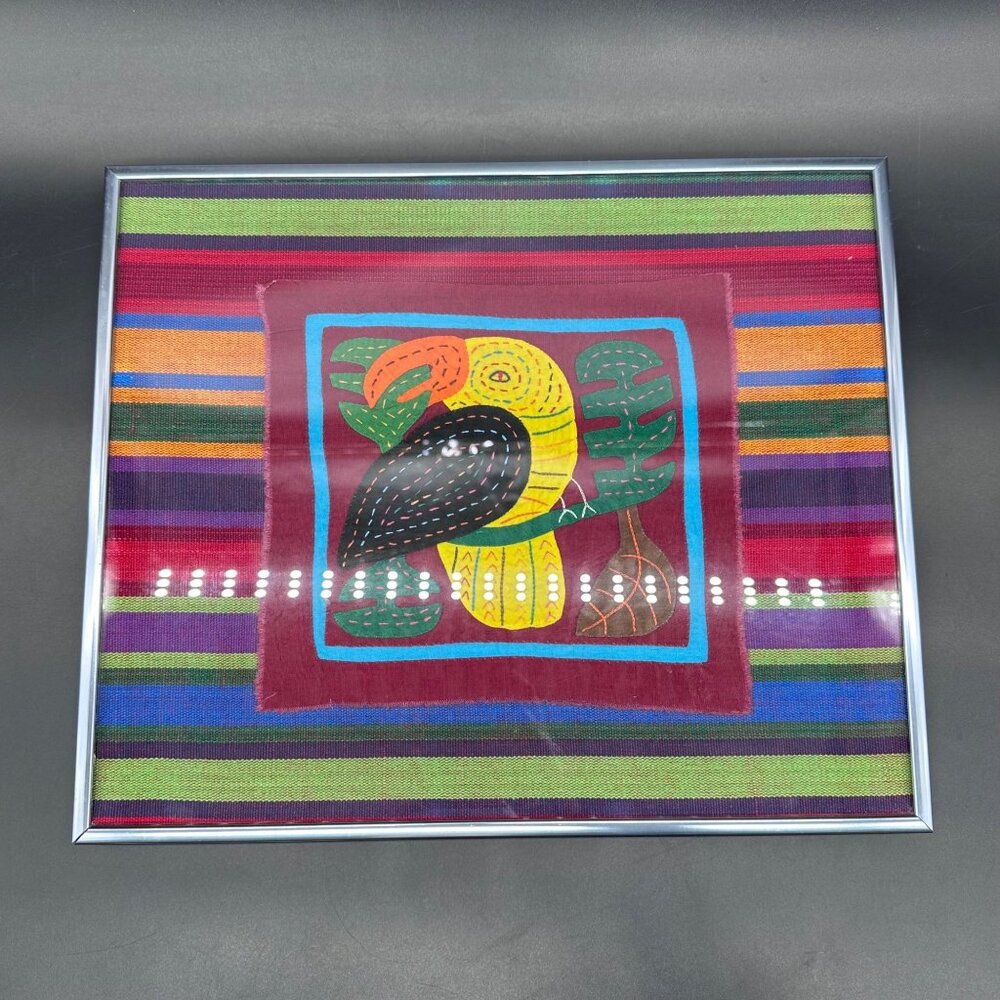 Vintage Framed Mola Parrot Textile Folk Art Hand Stitched Panama Wall Hanging - Picture 2 of 7